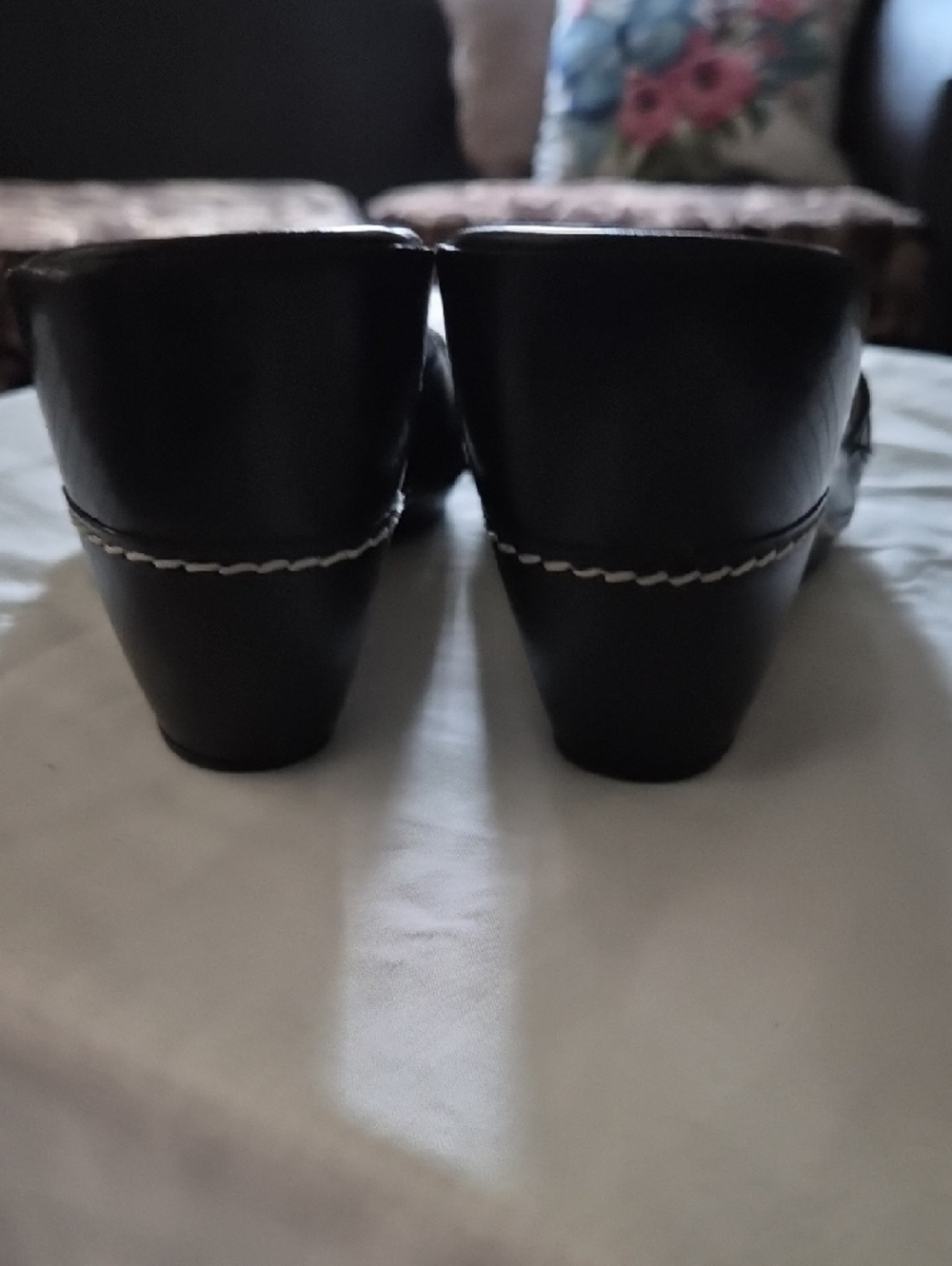 Black Cole Haan Slide Mules with Silver Chain Accent and Heel - Picture 4 of 5